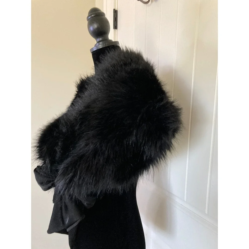 Black Faux Fur Stole Wrap with Front Bow Formal Evening Shrug One Size